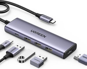 Hub USB-C 5-in-1 Ugreen con <span class=keywords><strong>4K</strong></span> 60Hz per alimentazione da 100W, 3 porte USB-A 3.0, in lega di alluminio, disponibile in magazzino - Product Image 1