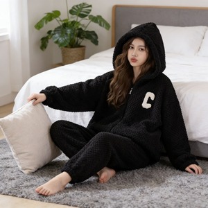 <span class=keywords><strong>Pigiama</strong></span> <span class=keywords><strong>Donna</strong></span> Autunno Inverno in Morbido Pile Waffle di Alta Qualità, Nero <span class=keywords><strong>con</strong></span> Scollo a V, <span class=keywords><strong>Cappuccio</strong></span> Morbido, Zip Frontale, Maniche Lunghe, Vita Elasticizzata - Product Image 2