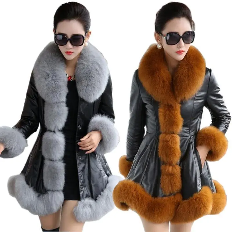 Top 2022 New Women's Winter Leather Jacket Stitching Faux Fur Collar Cuff Coat warm Slim Elegant Warm Thick Overcoat Female