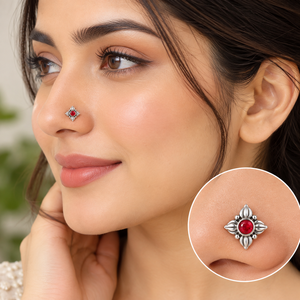 Indian Mores 925 <b>Sterling</b> <b>Silver</b> Round Garnet <b>Nose</b> Stud Cup Set Gemstone <b>Nose</b> Pin Traditional Ethnic Jewelry for Women Girls - Product Image 2