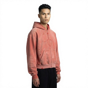 Pink Solid Acid Wash Zip up Hoodie Men Vintage Distressed <b>Heart</b> Embroidery Winter Oversized Streetwear <b>Sweatshirt</b> - Product Image 4