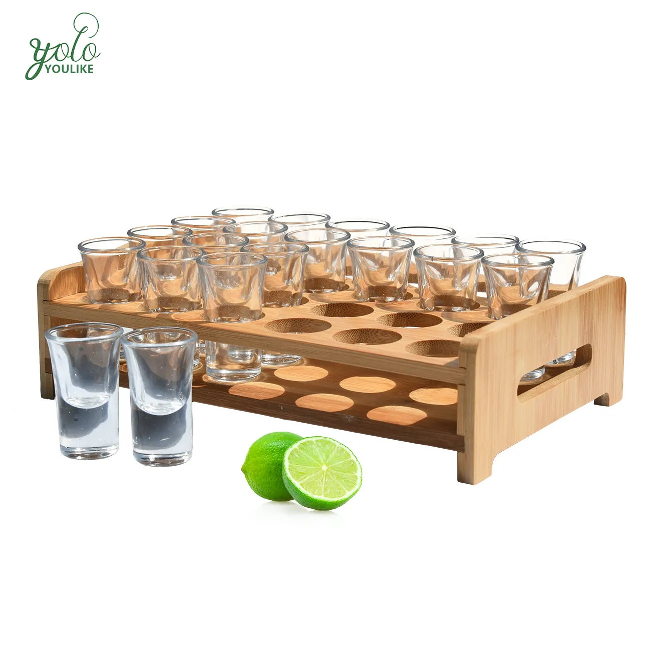Bamboo 24pcs Shot Glasses Tray Holder Organizer With Clear Whiskey Tequila Glass Cups Set For Party Club Bar