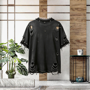Men's <b>Gothic</b> Oversized <b>T</b>-<b>Shirt</b> Black Cotton Short Sleeve Ripped Lace Trim O-Neck Jersey Fit - Product Image 3