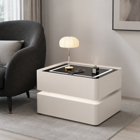 Table de chevet moderne beige OEM avec design arrondi, lumière d'ambiance et rangement à deux niveaux pour chambre à coucher et salon