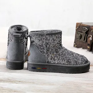 Grey Sparkling Glitter Women's Winter Snow Ankle Boots Matching Faux Fur Coat Fur Slippers