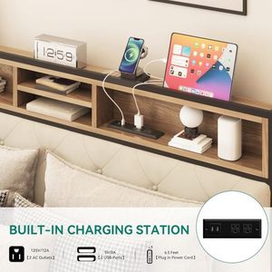 Adjustable Platform <b>Bed</b> Frame Charging Station Velvet Upholstered Storage Headboard Footboard Metal Slats Supports Mattress - Product Image 4