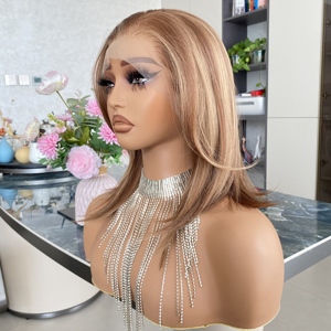 Prix de gros Perruques synthétiques frontales en dentelle suisse 13*6, blond cuivré, courtes, droites et dégradées, originales - Product Image 4