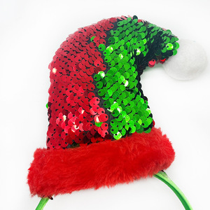 Bandeau de Noël unisexe en fausse fourrure rouge avec bande verte et chapeau de Père Noël à paillettes - Product Image 4