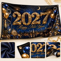 Bannière Joyeux Nouvel An 2027 Bleu Or Feux d'artifice Ballons Nuit de la ville Décoration murale de fête
