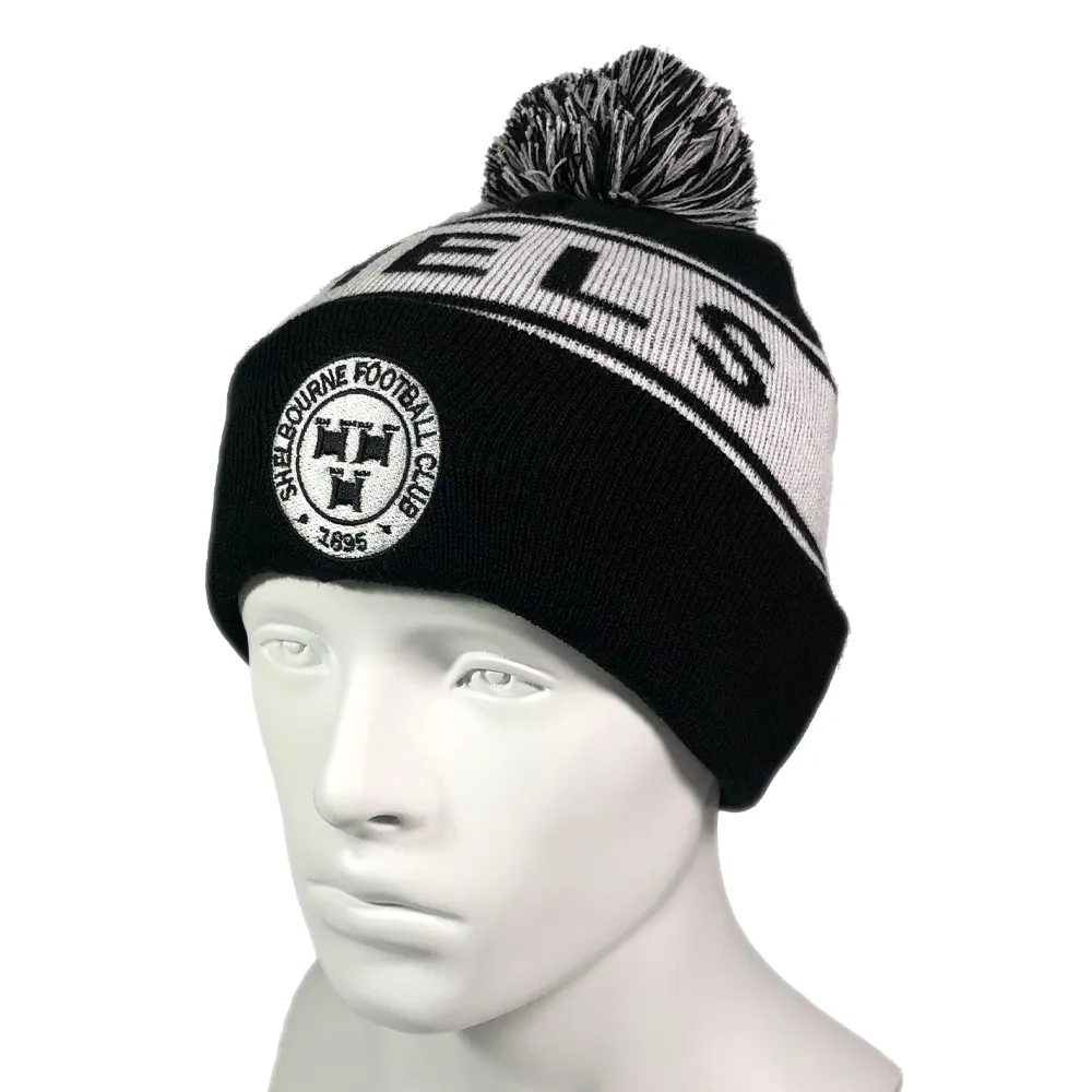 Mens đội bóng đá biểu tượng tùy chỉnh thêu dệt kim Beanie Hat với Pom Pom Acrylic chất lượng cao Jacquard đen bóng đá Beanies