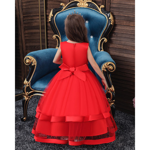 Robe de bal en tulle rouge pour filles, col rond, ornée de fleurs, robe de demoiselle d'honneur pour enfants - Product Image 4
