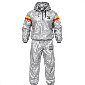 Silver Hooded Sauna Suit <b>Men</b>’s Sweat Training Set Half Zip Pullover Jacket Pants <b>Thermal</b> Workout Weight Cut Fitness Wear - Product Image 1
