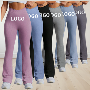 Leggings Acampanados de Yoga <span class=keywords><strong>para</strong></span> Mujer <span class=keywords><strong>con</strong></span> Logo Personalizado, sin Costuras, de Pierna Ancha, Tejido Acanalado, Efecto realce de Cadera y Glúteos Durazno <span class=keywords><strong>para</strong></span> Fitness y Deporte - Product Image 1