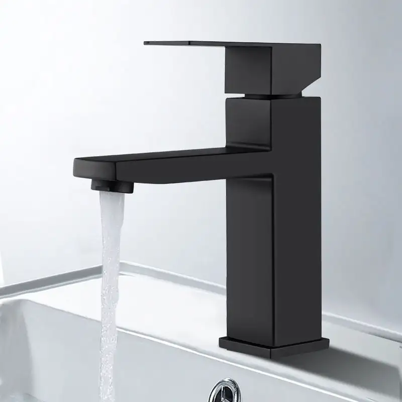 Robinet de lavabo de salle de bain en acier inoxydable, à la mode, noir, carré, à trou unique, peinture de cuisson, robinets d'évier froid et chaud