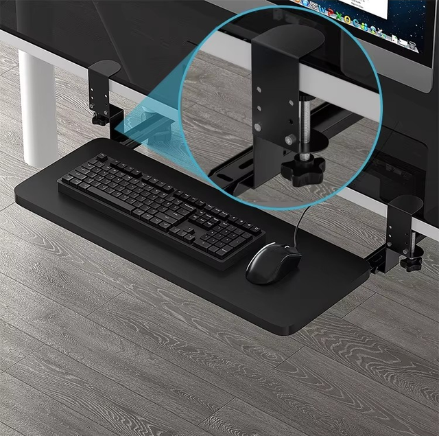 Under Desk Keyboard Tray Office Ergonomic Straight Corner Table Keyboard Tray with Adjustable C Clamp Iron Slide Rail Mouse Tray