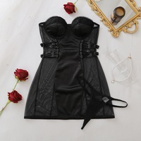 Robe de lingerie moulante en satin noir exotique avec boucles latérales en maille, soutien-gorge à armatures, et ensemble string, robe corset transparente sexy pour clubbing