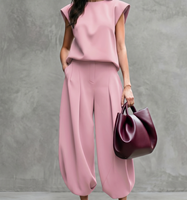 Ensemble décontracté 2 pièces pour femme - Pantalon plissé taille haute avec poches + Haut uni à manches courtes et col rond ample