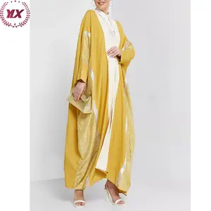 Nieuw Ontwerp Helder Goud Geel Kleur Open Voorste Hals Zilver Bordure Losse Type Elegant Avonddiner Dagelijks Luxe Abaya Vrouwen