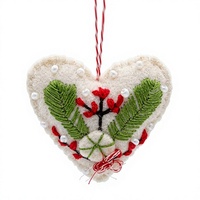 Handgefertigter Traditioneller Umweltfreundlicher 100% Zertifizierter Woll-Filz Herz-Weihnachtsschmuck mit Gestickten Grünen Blättern und Roter Wandverzierung