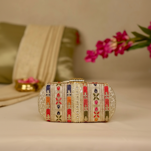 Embroidered multicolor clutch with <b>sequins</b> and beaded wrist strap for festive wear available at wholesale prices. - Product Image 1