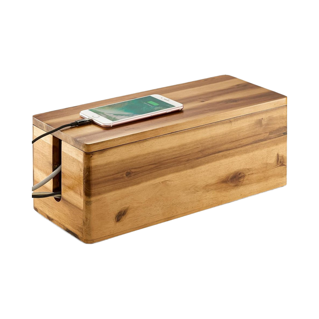 Acacia Wood Sustainable Classic Multifunction Rectangle Wooden Cable Management Box Office Router Wires Desk Power Strip Hider