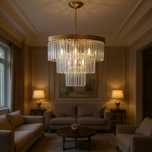 3 Tier Crystal Chandelier 20 Inch Gold <b>Frame</b> Pendant Light For Living Room Round Cylindrical Shade E26 Bulb Base - Product Image 2