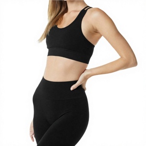 Ensemble de yoga sans couture pour femme, haut court à col rond et dos nageur, leggings taille haute, noir uni, ensemble 2 pièces - Product Image 2