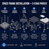 Bâtiment d'entrepôt à structure spatiale 30 x 120 m à portée libre en acier pour logistique et hangar d'avions, direct usine