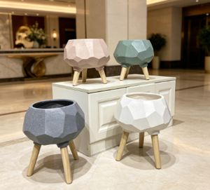 Faceted Geometric Diamond-cut Tripod Plant Pot, Cement Finish <b>Standing</b> Flower <b>Planter</b> with Wooden , Multi-color <b>Indoor</b> Outdoor - Product Image 3
