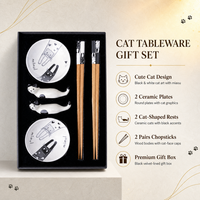 Lot de 2 paires de baguettes en bois motif chat noir et blanc, repose-baguettes en céramique motif chat, vaisselle japonaise, coffret cadeau