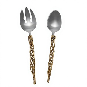 Cuillère et fourchette de service en acier inoxydable, design royal moderne, écologiques, compatibles lave-vaisselle, finition miroir doré, manche pliable filaire - Product Image 1