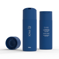 Flacon rond personnalisé en PEHD doux au toucher, bleu, pour gel douche, 150 ml, avec bouchon disque en plastique, pour lotion et shampoing