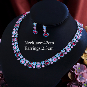 <span class=keywords><strong>Collana</strong></span> glamour e orecchini di forma ovale abbagliante zirconi cubici blu rosso <span class=keywords><strong>rosa</strong></span> grande Set di gioielli Multicolor per banchetti da donna - Product Image 2
