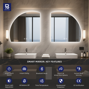 Grand <span class=keywords><strong>miroir</strong></span> LED intelligent mural sans cadre |   <span class=keywords><strong>Miroir</strong></span> de salle de bain éclairé en forme de demi-lune irrégulière pour les intérieurs d'hôtels - Product Image 2