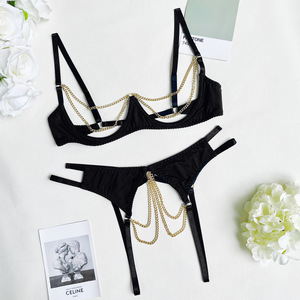 Lencería Sexy y Reveladora para Mujeres Maduras, Ropa de Dormir, Lencería Sexy y Bralette Negro Erótico con Cadena y Tanga - Product Image 6