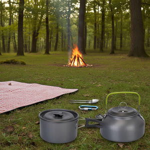 Ensemble de 12 ustensiles de cuisine d'extérieur en aluminium, casseroles et poêles de camping avec tasse, fourchette, cuillère et couteau pour la randonnée et les pique-niques - Product Image 2