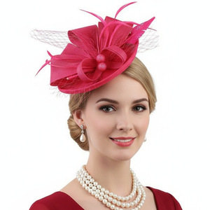 Sombrero Fascinator <span class=keywords><strong>Fucsia</strong></span> para Mujer, Estilo Kentucky Derby, con Pluma, Redecilla, Collar de Perlas y Juego de Aretes - Product Image 6