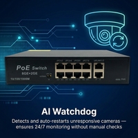 Switch PoE con IA de 8 Puertos, 8GE+2GE Gigabit, 1000Mbps, 6KV Protección contra Rayos, 250m, AI Watchdog, 22Gbps QoS para Cámaras IP CCTV