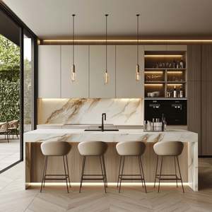 Ensembles de cuisines modernes de luxe complets en PVC et bois massif avec évier en acier inoxydable, structure en contreplaqué, charnières pour projets de villas - Product Image 5