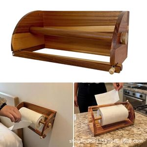 Wooden <b>Paper</b> Towel Holder Wall Mount Adjustable <b>Kitchen</b> Roll Holder Rustic Design Acacia Wood Grain Color Rectangular Shape - Product Image 5