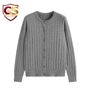 Manteau tricoté Vintage pour femmes torsadé fleur col rond Cardigan à manches longues câble plat pull en tricot automne hiver - Product Image 1