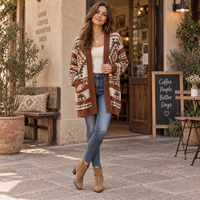 Cardigan en tricot jacquard géométrique surdimensionné pour femme, ouvert sur le devant, à manches longues, style bohème décontracté, manteau automne-hiver, OEM ODM personnalisé