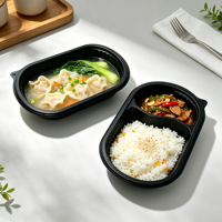 Boîte à lunch jetable en PP de qualité alimentaire pour la restauration, à emporter, utilisable au micro-ondes, 2 compartiments, anti-fuite, conteneur alimentaire en plastique