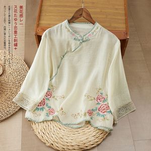 Women's Embroidered Linen Top Short Sleeve Stand Collar Chinese Knot Breathable Summer Casual Wear - Product Image 1