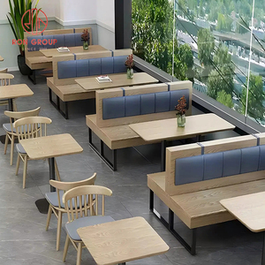 Juego de Muebles Modernos para Restaurante, Mesas Cuadradas de Madera con Sillas de Madera con Respaldo de Listones Verticales y Sofá de Cuero Azul para Cafetería - Product Image 1