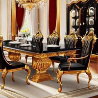 Ensemble table et chaises de salle à manger en bois massif noir doré de style baroque européen, table de banquet longue en bois massif pour 8 personnes