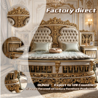 Lit capitonné en bois doré royal luxueux, style classique turc sculpté, personnalisable, ensemble de meubles de chambre à coucher
