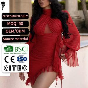 Nuevo Estilo 2026 Vestido Mini Rojo de Malla Transparente con Fruncido para Mujer, Cuello Alto, Cruzado en la Parte Delantera, Manga Larga, Vestido de Fiesta para el Día de San Valentín, OEM Personalizado - Product Image 1