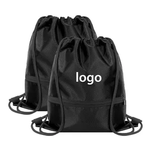 新款生态健身游泳背包带拉链口袋回收聚酯黑色全印花拉绳包