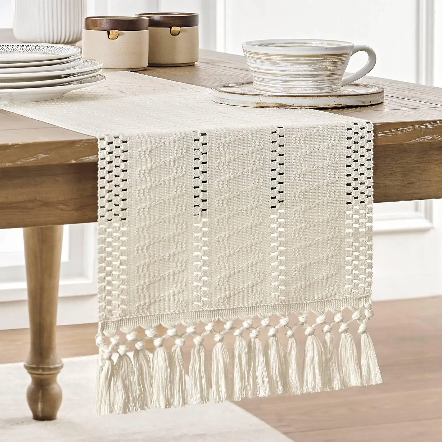 Skymoving nouveaux Textiles de maison personnalisés Boho chemin de Table ivoire ferme luxe tissé chemins de Table avec glands pour la décoration intérieure